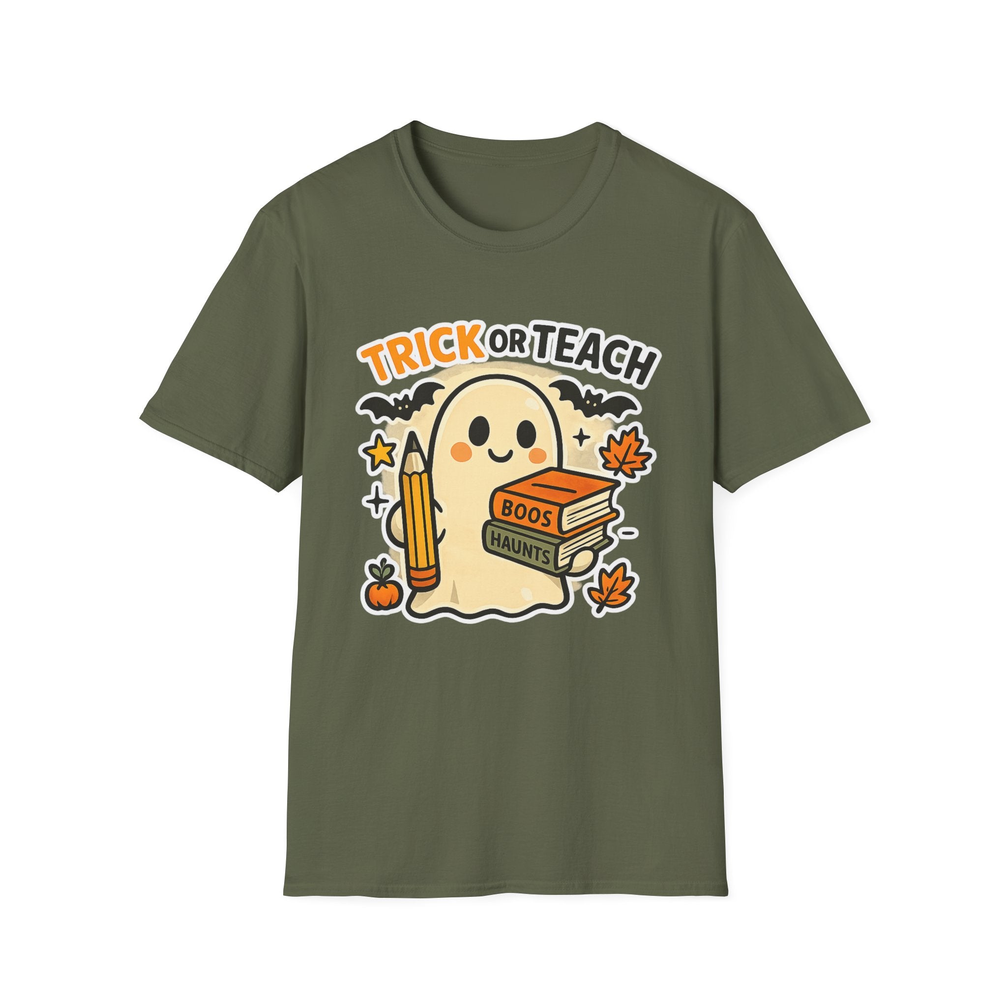 Trick or Teach Halloween Teacher T‑Shirt — Cute Ghost with Books & Pencil - Boo Crew Boutique