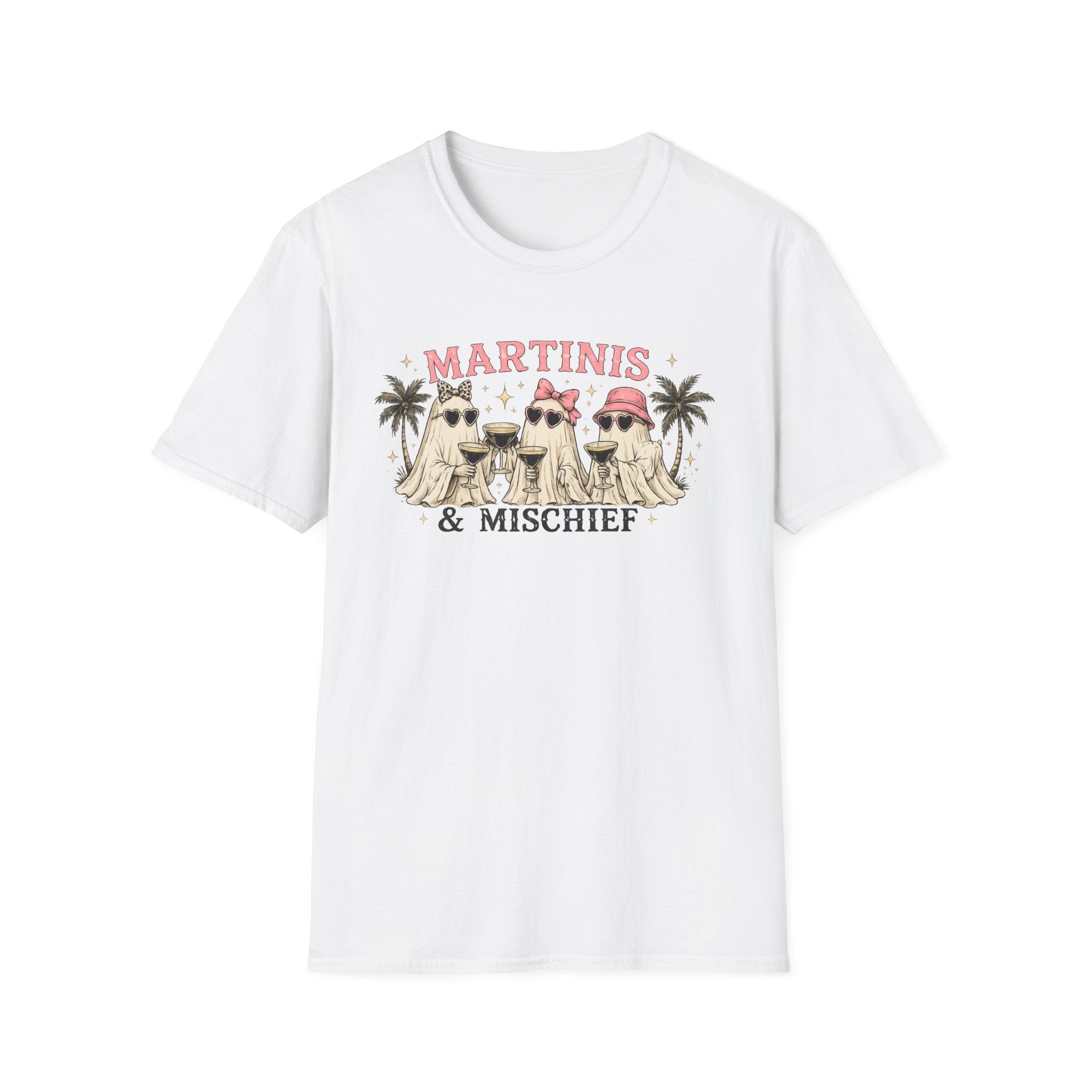 Martinis & Mischief T-Shirt — Funny Ghost Cocktail Tee for Women, Beachy Palm Party Shirt - Boo Crew Boutique