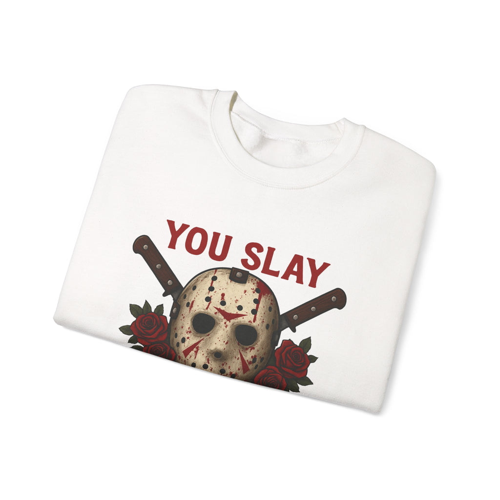 You Slay My Heart Jason Voorhees Valentine's Sweatshirt | Horror Rose Graphic, Valentine's Horror Sweatshirt, Gift for Horror Fan - Boo Crew Boutique