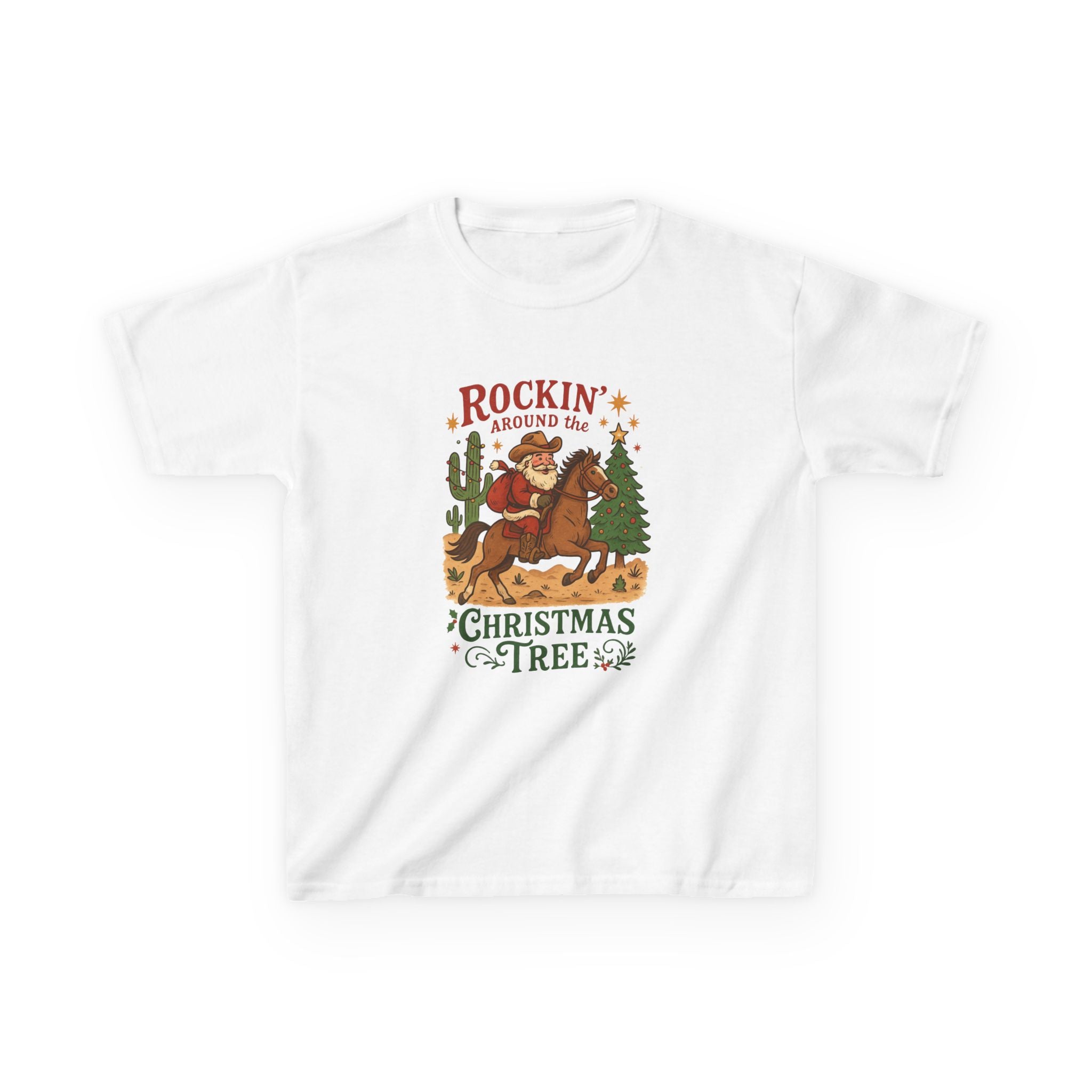 Rockin' Around the Christmas Tree Kids Tee | Cowboy Horse Holiday Graphic