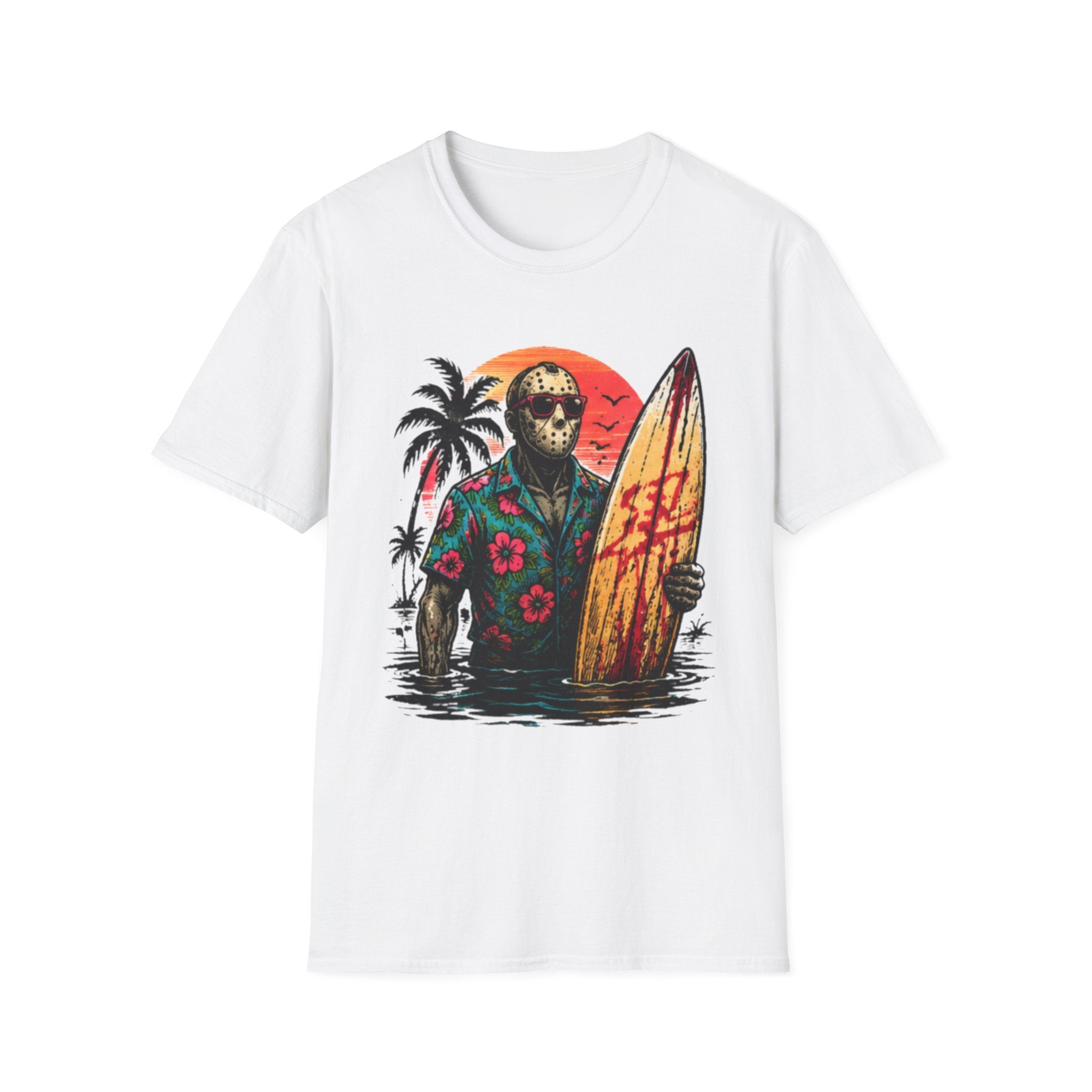 Horror Surfer T‑Shirt — Retro Jason Mask Beach Surf Design - Boo Crew Boutique