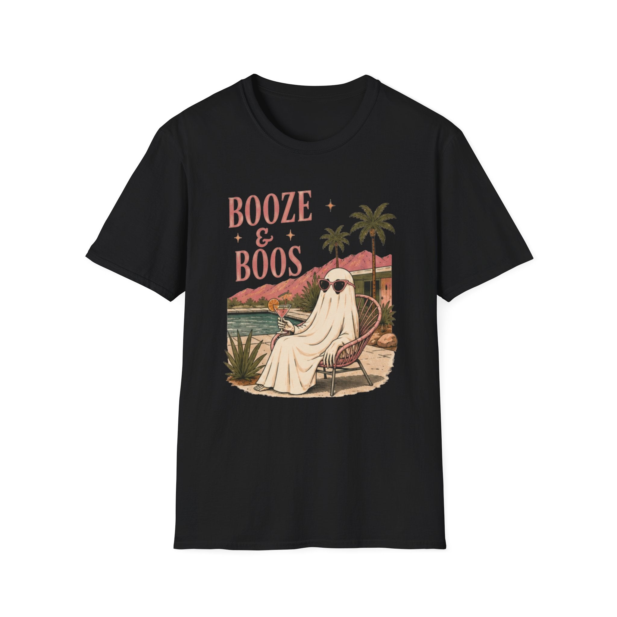 Booze & Boos T‑Shirt — Retro Palm Tree Ghost Graphic - Boo Crew Boutique