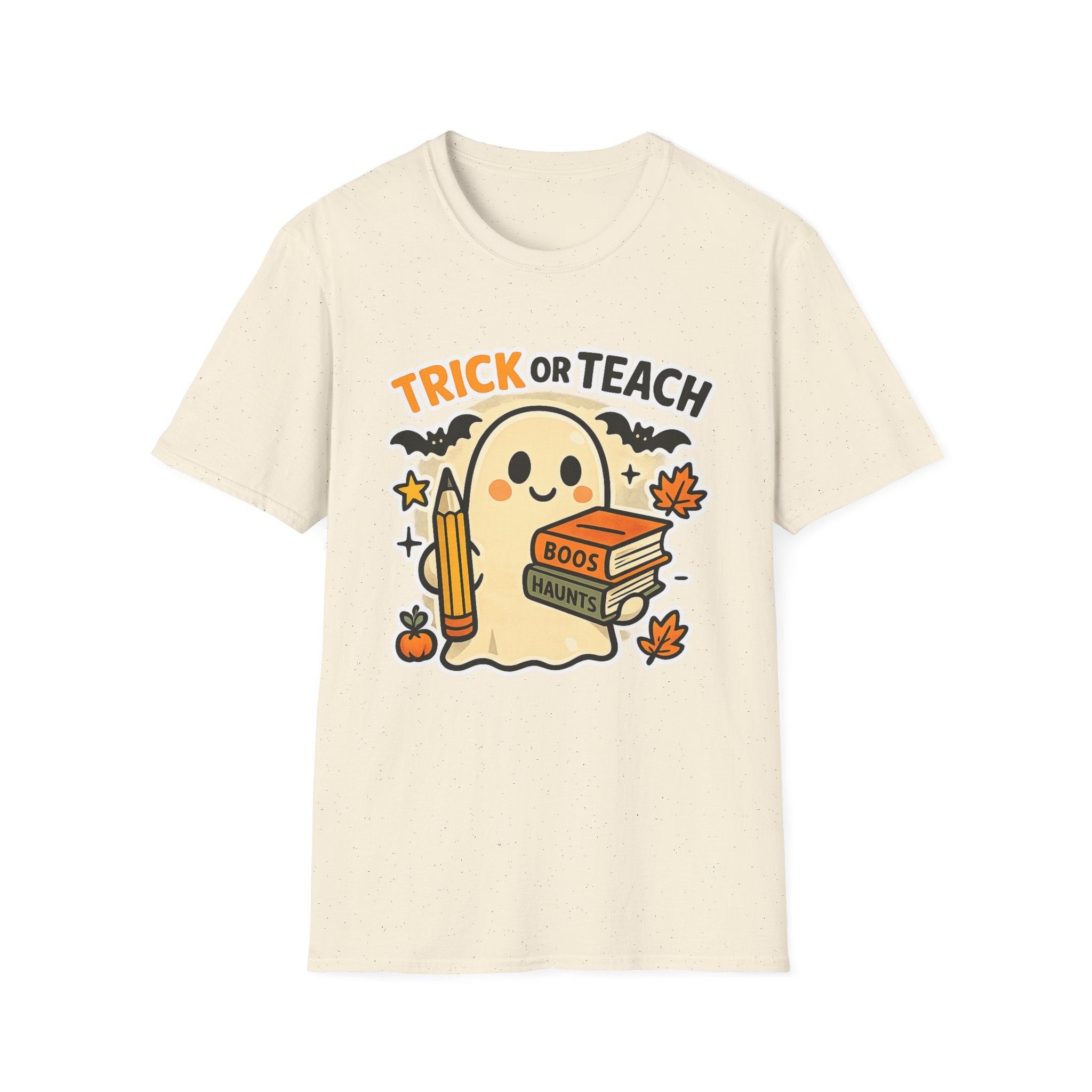 Trick or Teach Halloween Teacher T‑Shirt — Cute Ghost with Books & Pencil - Boo Crew Boutique