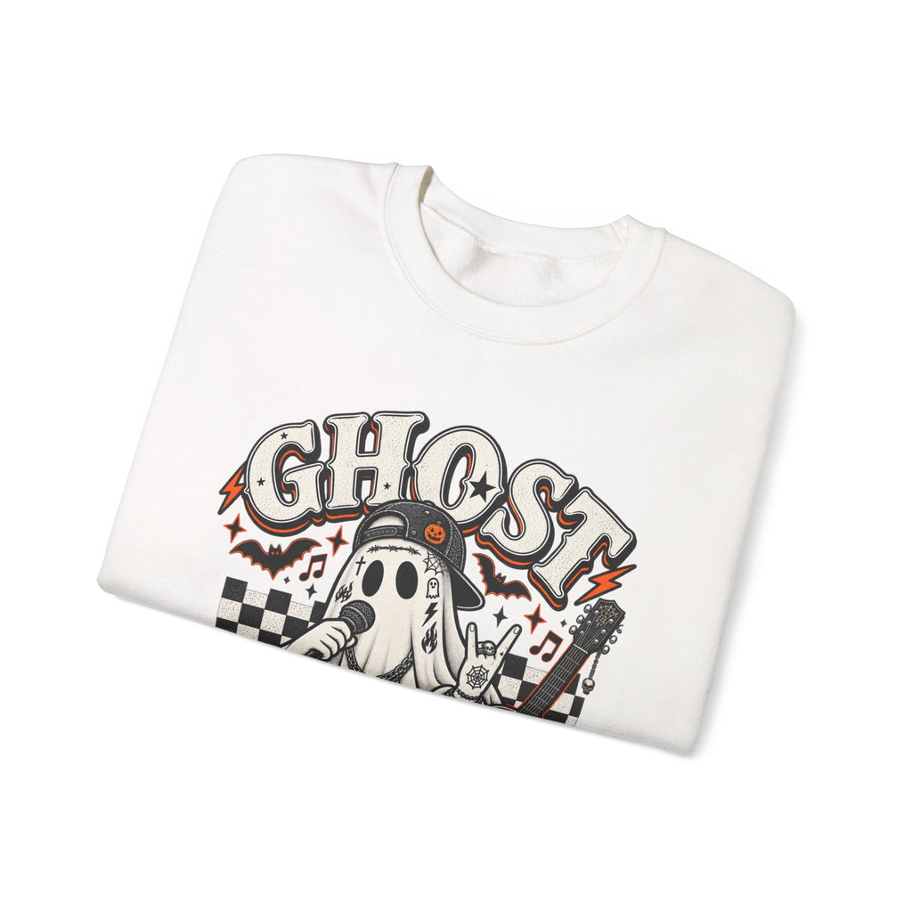 Ghost Mode Graphic Sweatshirt — Retro Rocking Ghost with Guitar - Boo Crew Boutique