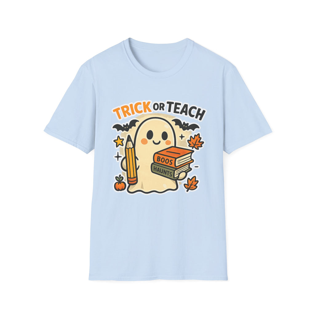 Trick or Teach Halloween Teacher T‑Shirt — Cute Ghost with Books & Pencil - Boo Crew Boutique