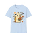 Trick or Teach Halloween Teacher T‑Shirt — Cute Ghost with Books & Pencil - Boo Crew Boutique