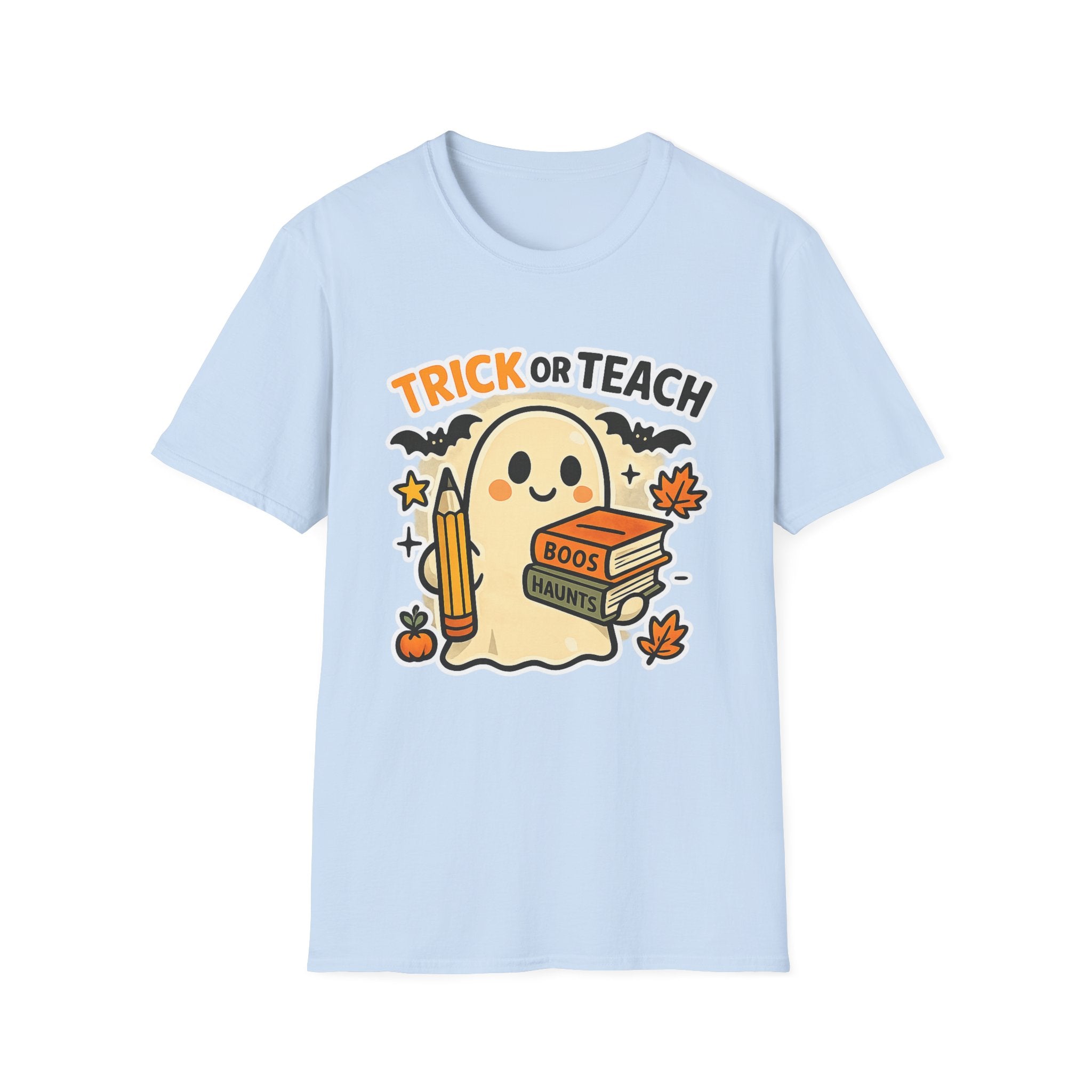 Trick or Teach Halloween Teacher T‑Shirt — Cute Ghost with Books & Pencil - Boo Crew Boutique