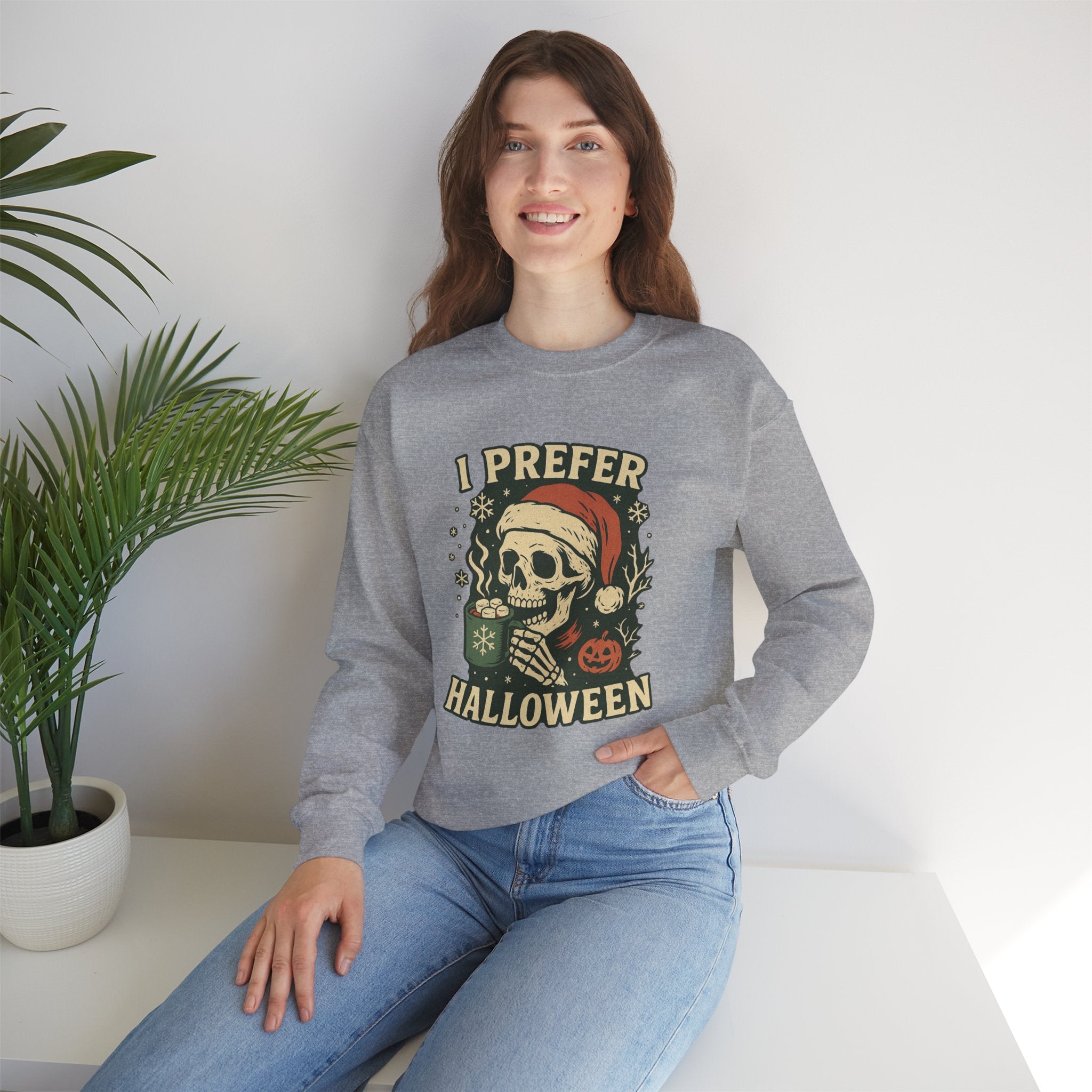 I Prefer Halloween skull with Santa hat Sweatshirt | Halloween Christmas mashup - Boo Crew Boutique