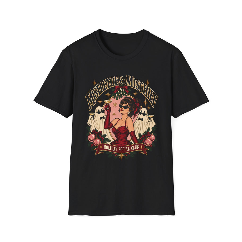 Mistletoe & Mischief Holiday T-Shirt — Vintage Pinup Christmas Tee - Boo Crew Boutique