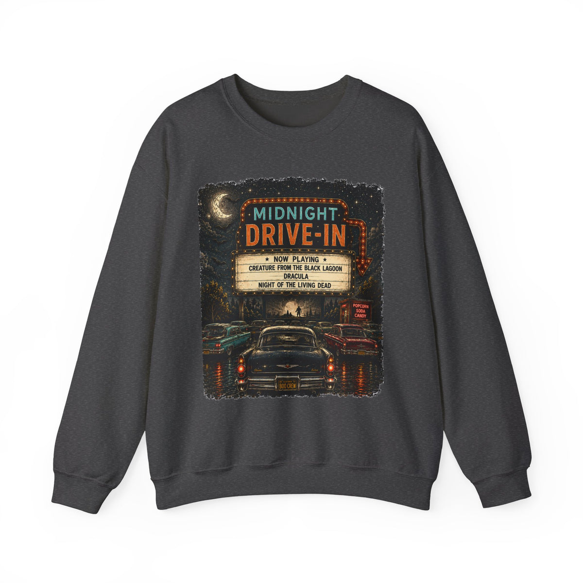 Midnight Drive-In Crewneck Sweatshirt — Vintage Horror Marquee Graphic - Boo Crew Boutique
