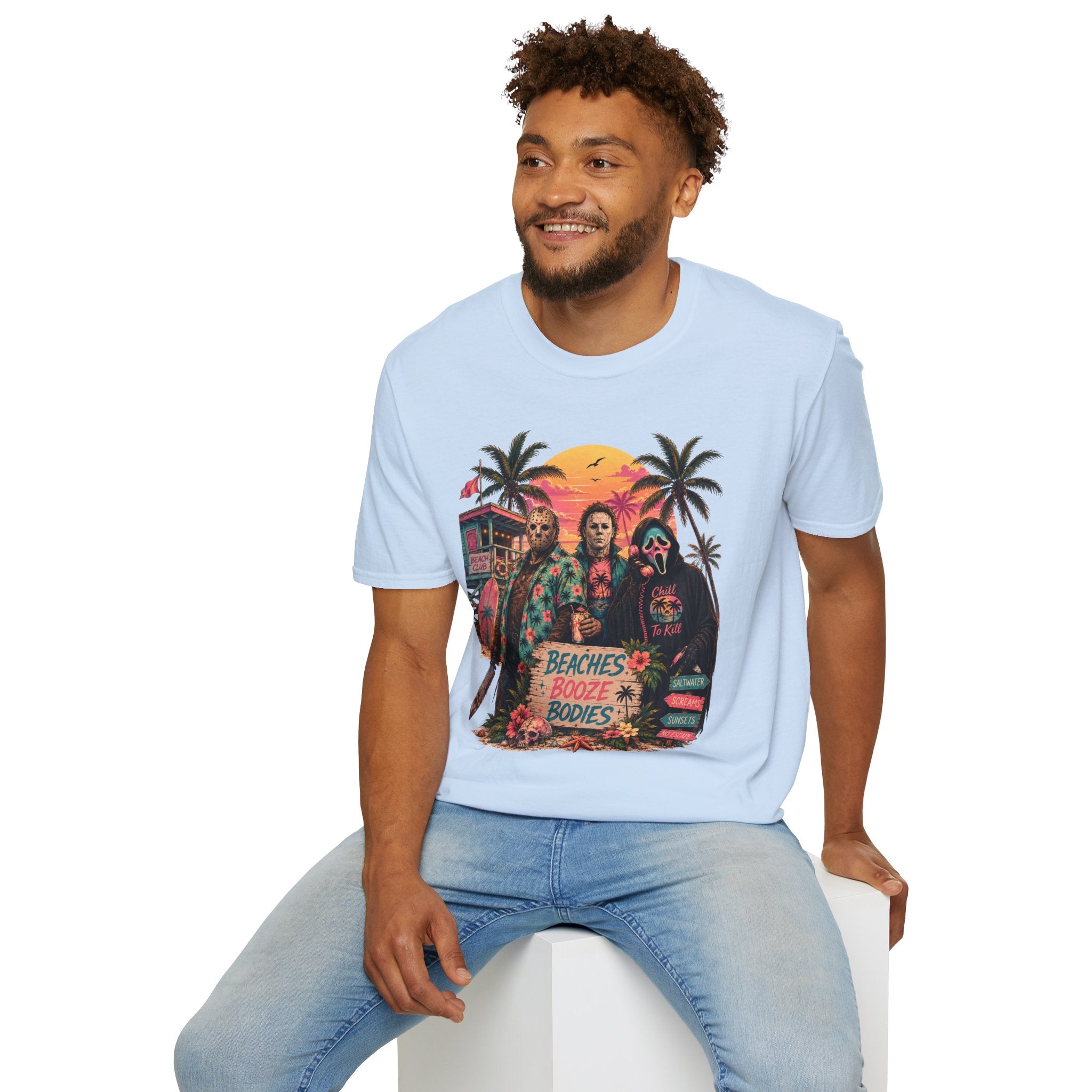 Horror Beach T-Shirt — 'Beaches, Booze & Bodies' Retro Sunset Graphic - Boo Crew Boutique