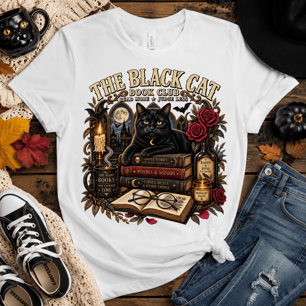 Black Cat Book Club Tee | Vintage Halloween Book Lover Shirt - Boo Crew Boutique
