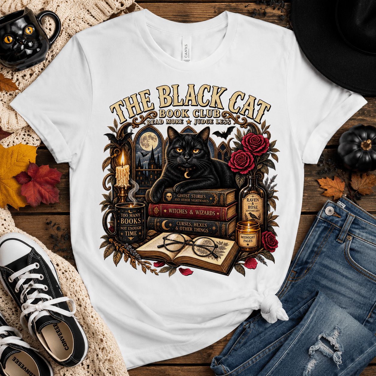 Black Cat Book Club Tee | Vintage Halloween Book Lover Shirt - Boo Crew Boutique