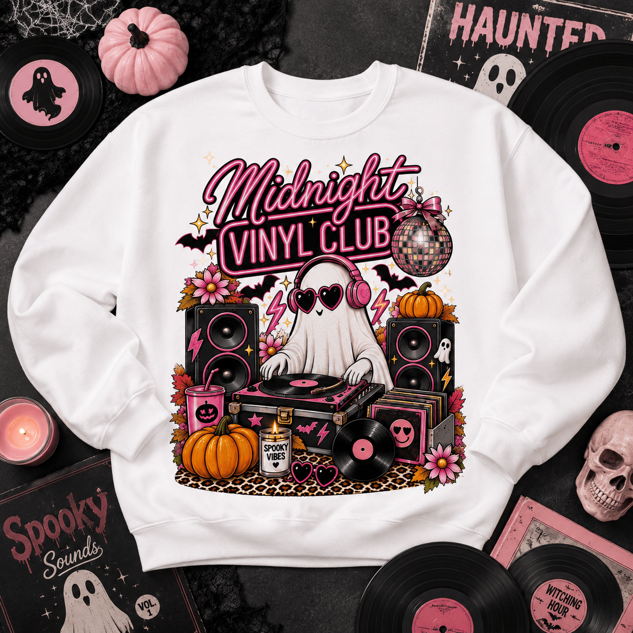 Midnight Vinyl Club Sweatshirt — Retro DJ Ghost Halloween Crewneck - Boo Crew Boutique