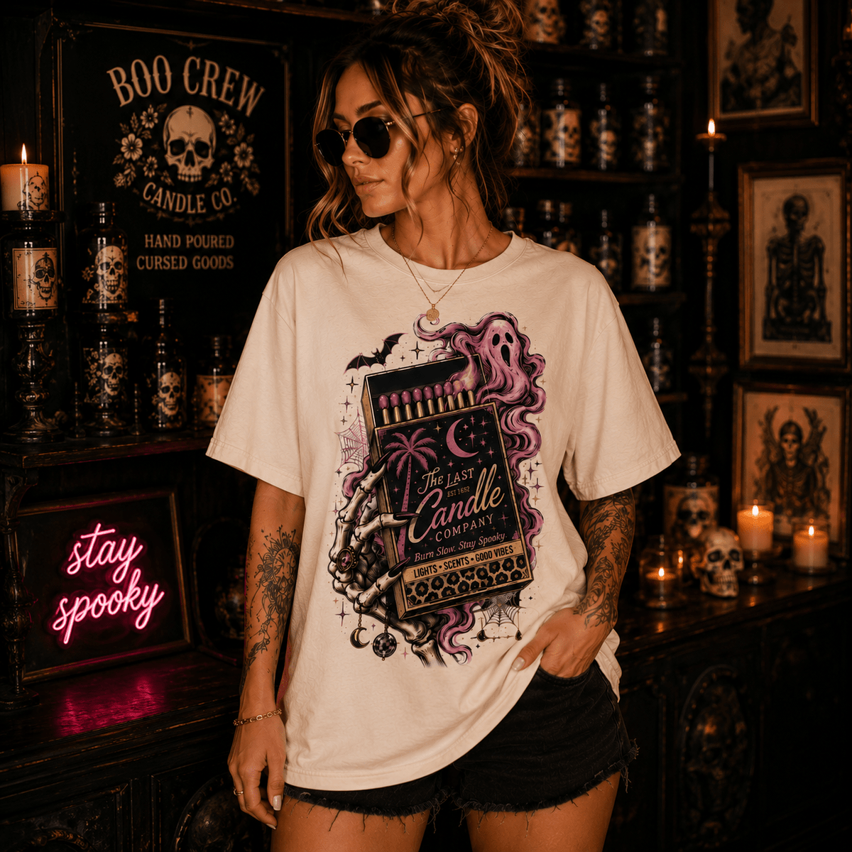 Matchbox Candle Graphic Tee — Pink Gothic Matchbox Design - Boo Crew Boutique