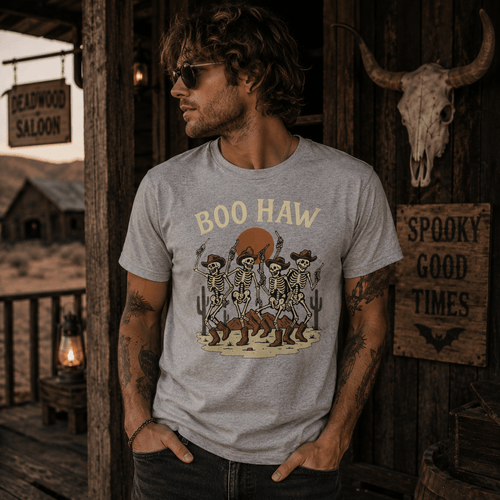 Boo Haw Skeleton Cowboys T-Shirt — Halloween Western Skeleton Dance Tee - Boo Crew Boutique
