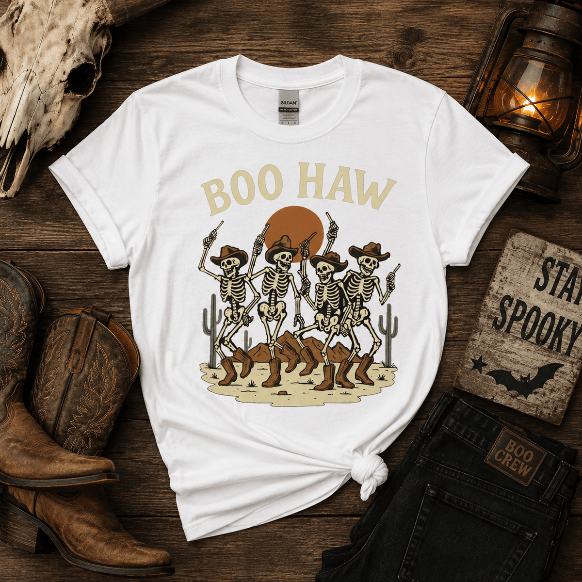 Boo Haw Skeleton Cowboys T-Shirt — Halloween Western Skeleton Dance Tee - Boo Crew Boutique
