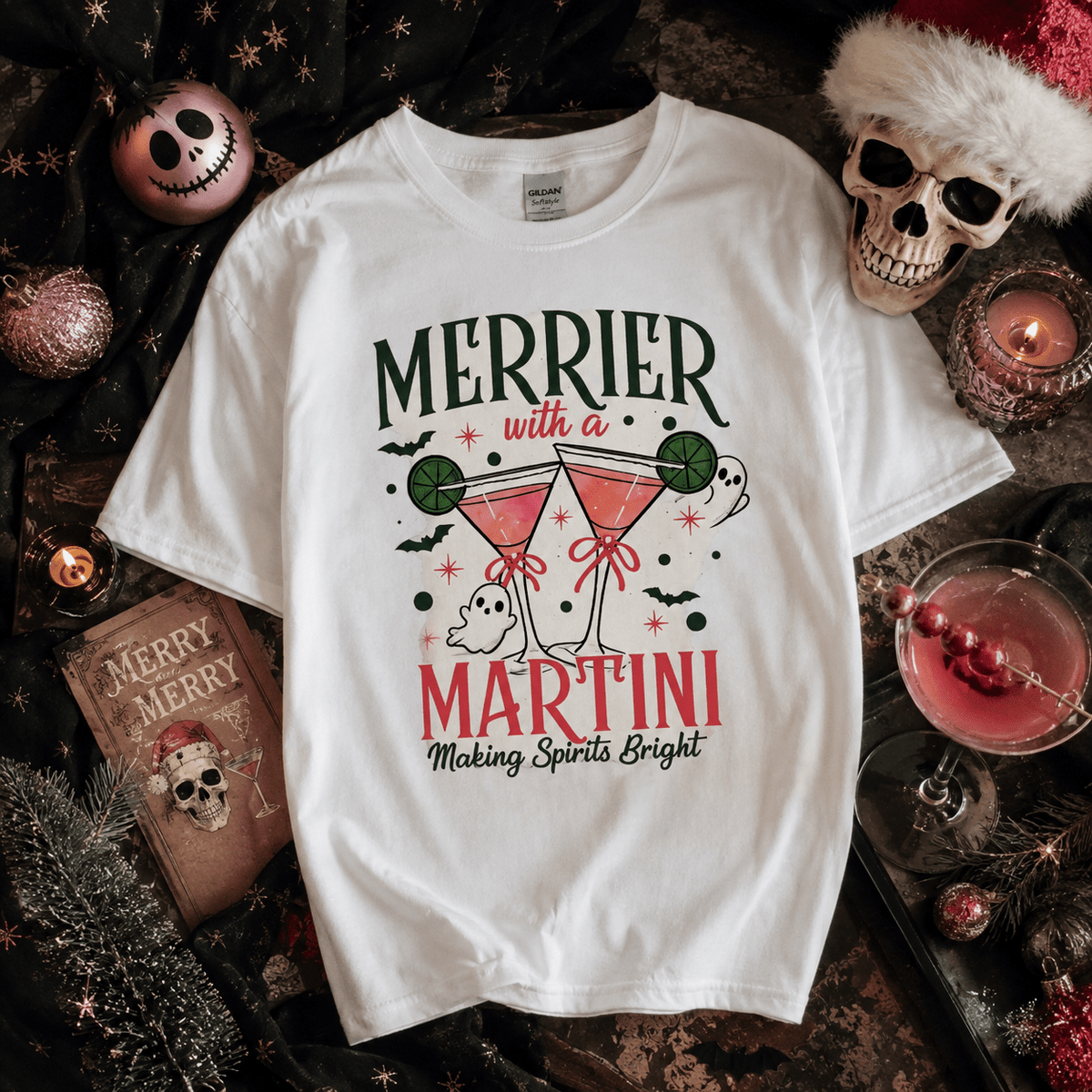 Merrier With a Martini T-Shirt — Festive Holiday Cocktail Graphic Tee - Boo Crew Boutique