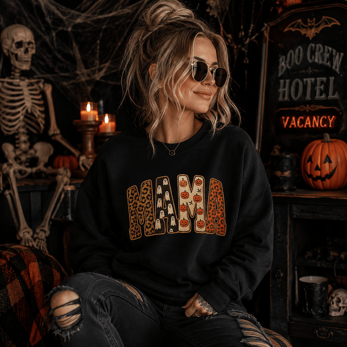 Mama Halloween Crewneck Sweatshirt — Spooky Leopard Floral Graphic - Boo Crew Boutique