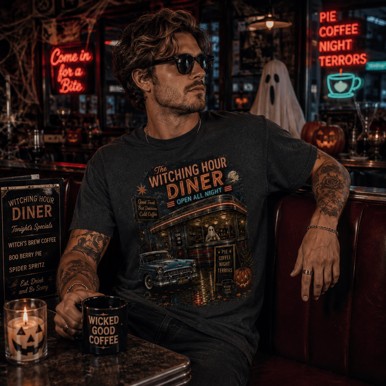 Witching Hour Diner T-Shirt — Vintage Neon Horror Retro Tee - Boo Crew Boutique