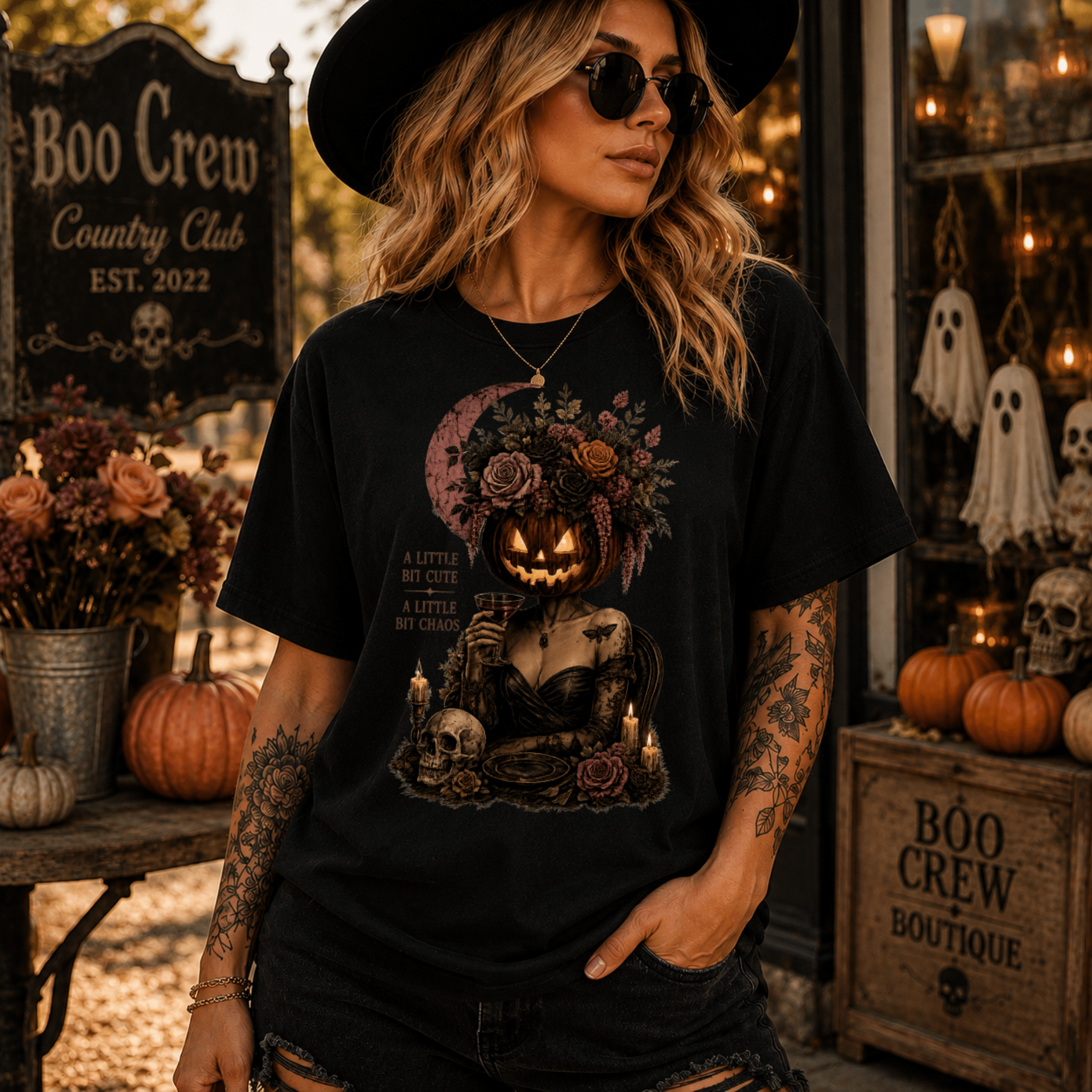 A Little Bit Cute, A Little Bit Chaos T-Shirt — Gothic Pumpkin Head Tee - Boo Crew Boutique