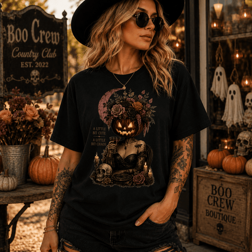 A Little Bit Cute, A Little Bit Chaos T-Shirt — Gothic Pumpkin Head Tee - Boo Crew Boutique