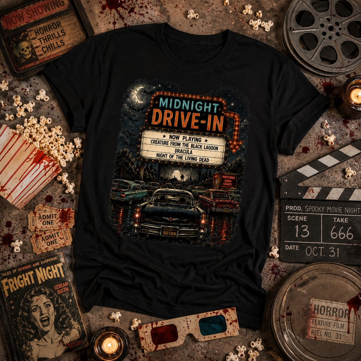 Midnight Drive-In T-Shirt — Vintage Horror Marquee Graphic Tee