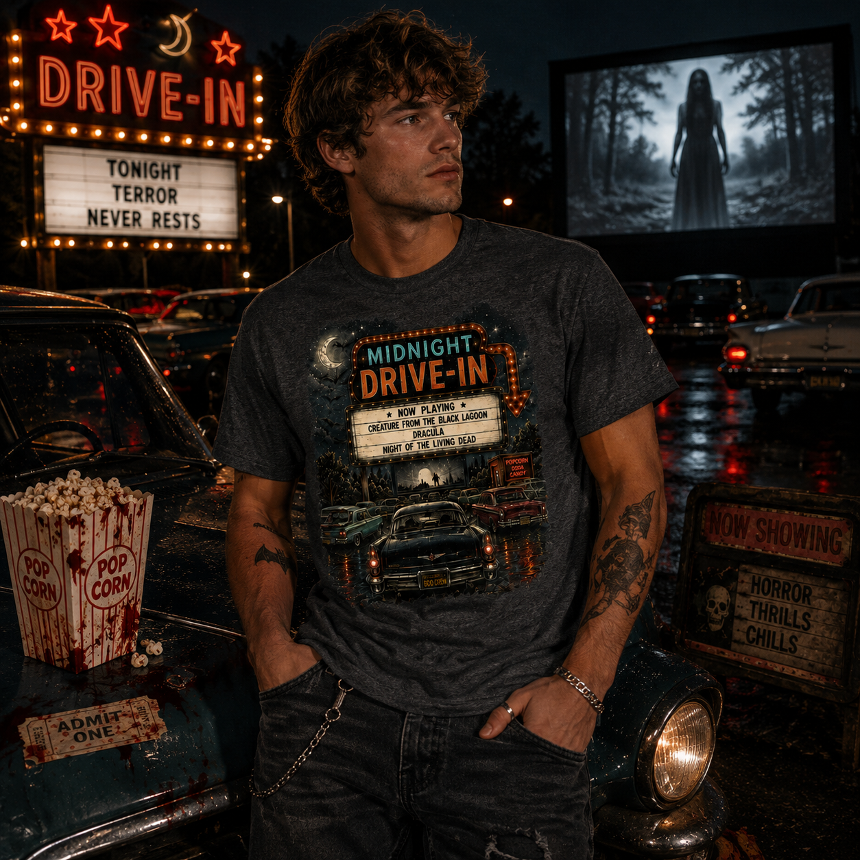 Midnight Drive-In T-Shirt — Vintage Horror Marquee Graphic Tee