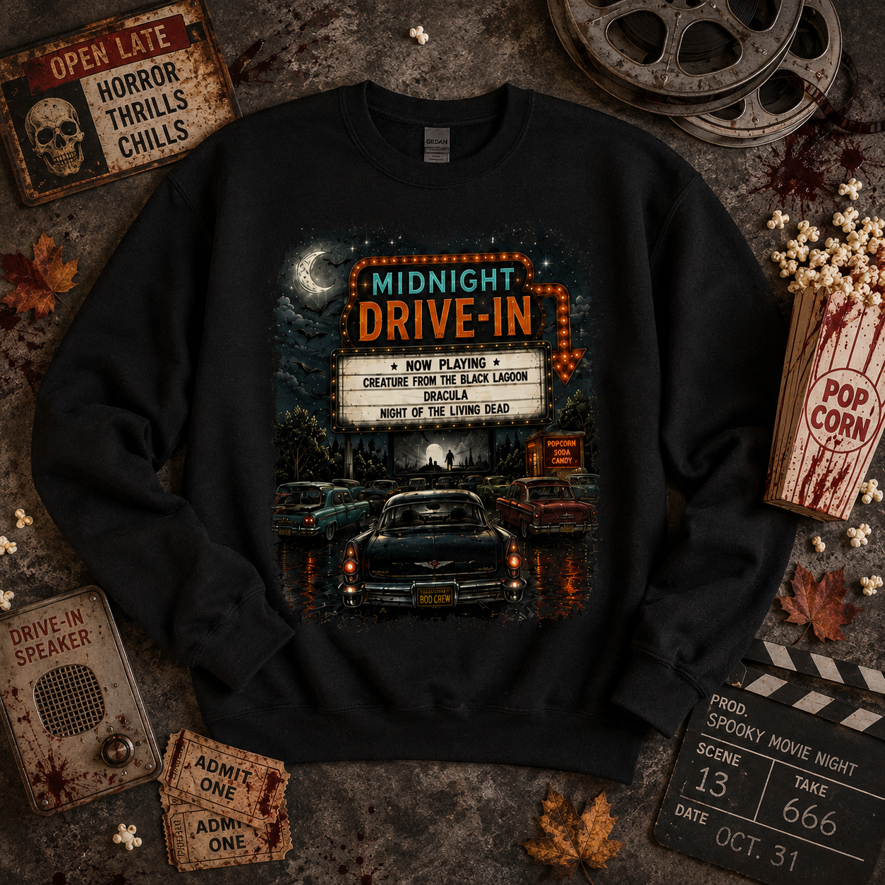 Midnight Drive-In Crewneck Sweatshirt — Vintage Horror Marquee Graphic