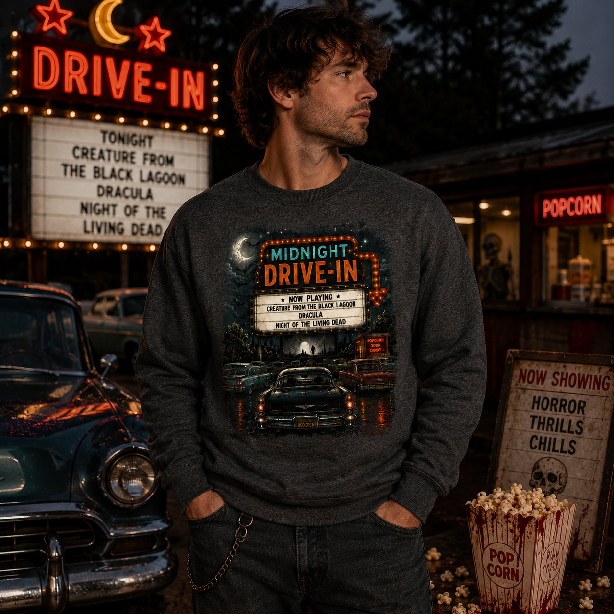 Midnight Drive-In Crewneck Sweatshirt — Vintage Horror Marquee Graphic