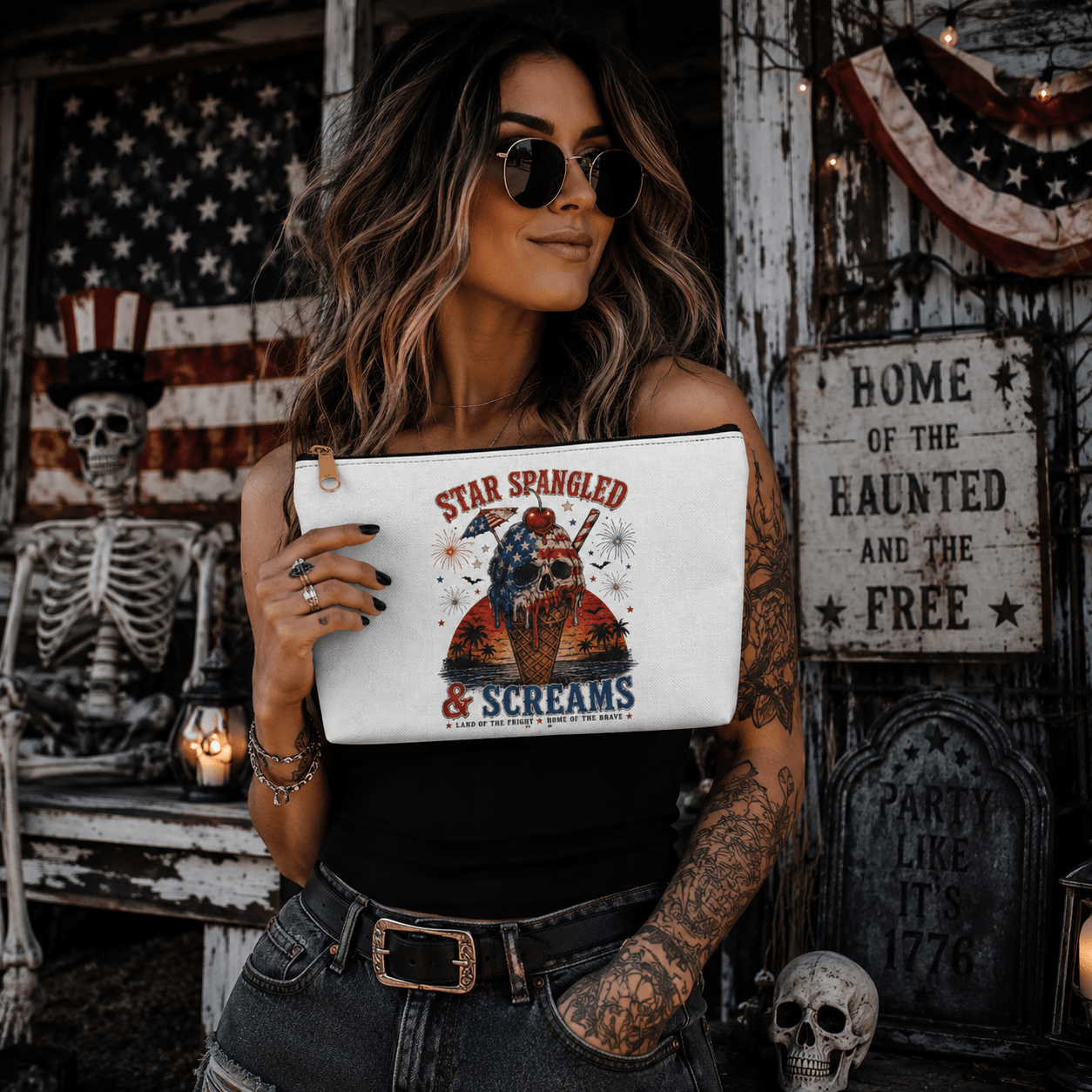 Accessory Pouch — "Star Spangled & Screams" Patriotic Skull Ice Cream Makeup Bag - Boo Crew Boutique