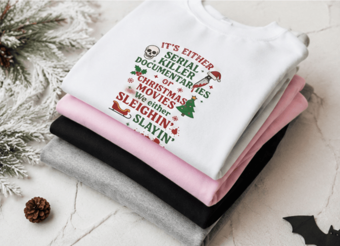 Christmas True Crime Sweatshirt — "It’s Either Serial Killer Documentaries or Christmas Movies" Holiday Crewneck - Boo Crew Boutique