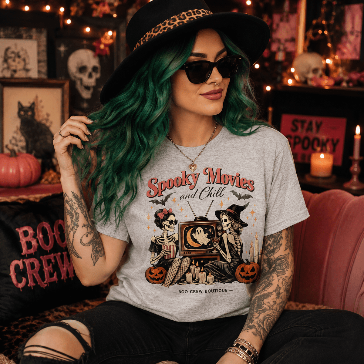 Spooky Movies and Chill T-Shirt — Halloween Skeleton Girls Graphic Tee - Boo Crew Boutique