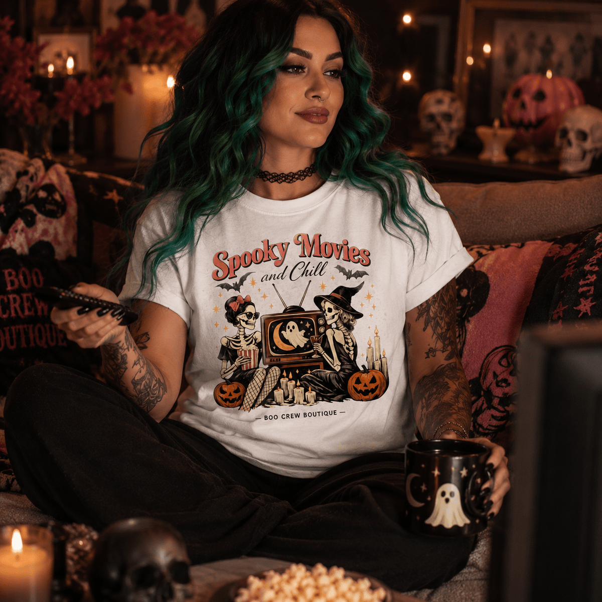 Spooky Movies and Chill T-Shirt — Halloween Skeleton Girls Graphic Tee - Boo Crew Boutique