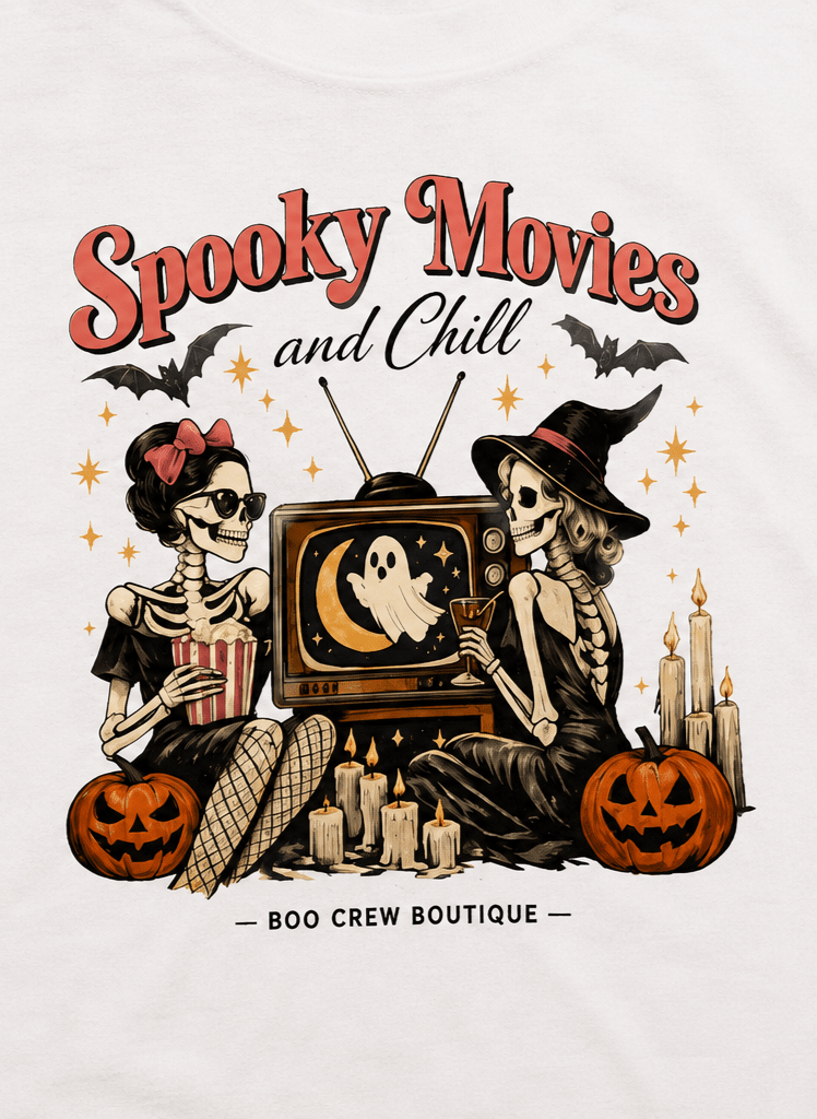 Spooky Movies and Chill T-Shirt — Halloween Skeleton Girls Graphic Tee - Boo Crew Boutique
