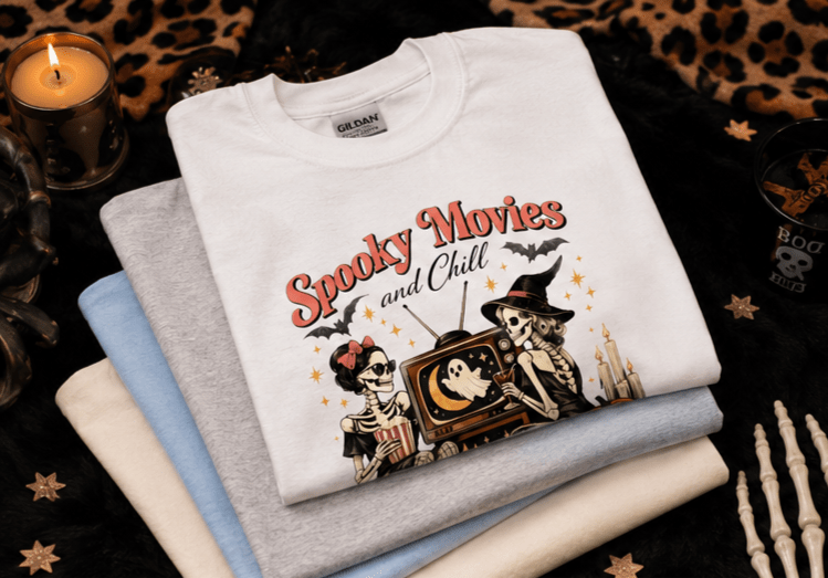 Spooky Movies and Chill T-Shirt — Halloween Skeleton Girls Graphic Tee - Boo Crew Boutique
