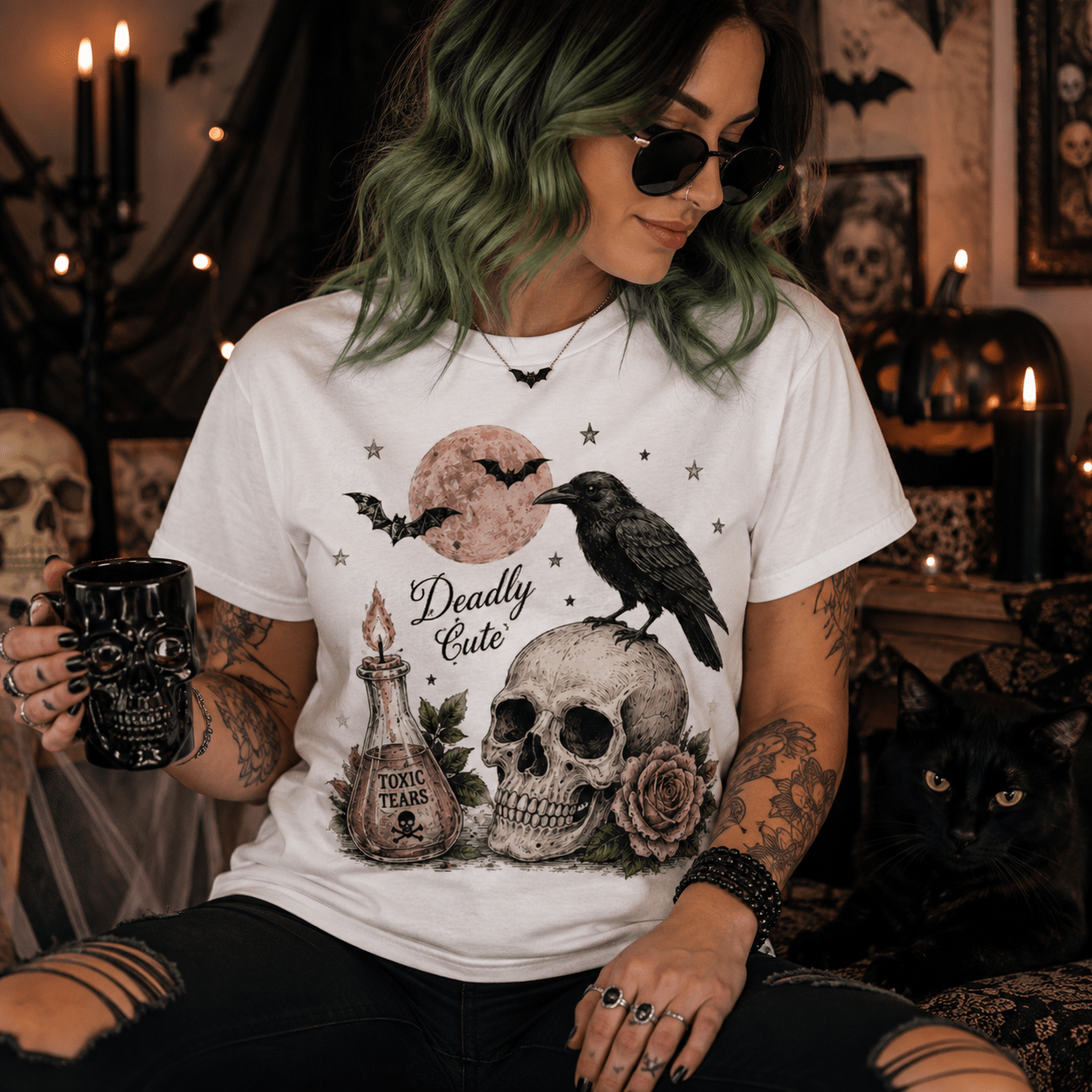 Deadly Cute Crow & Skull Graphic T-Shirt - Boo Crew Boutique