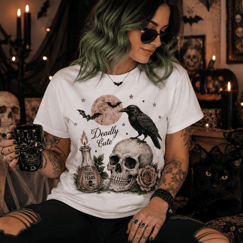 Deadly Cute Crow & Skull Graphic T-Shirt - Boo Crew Boutique