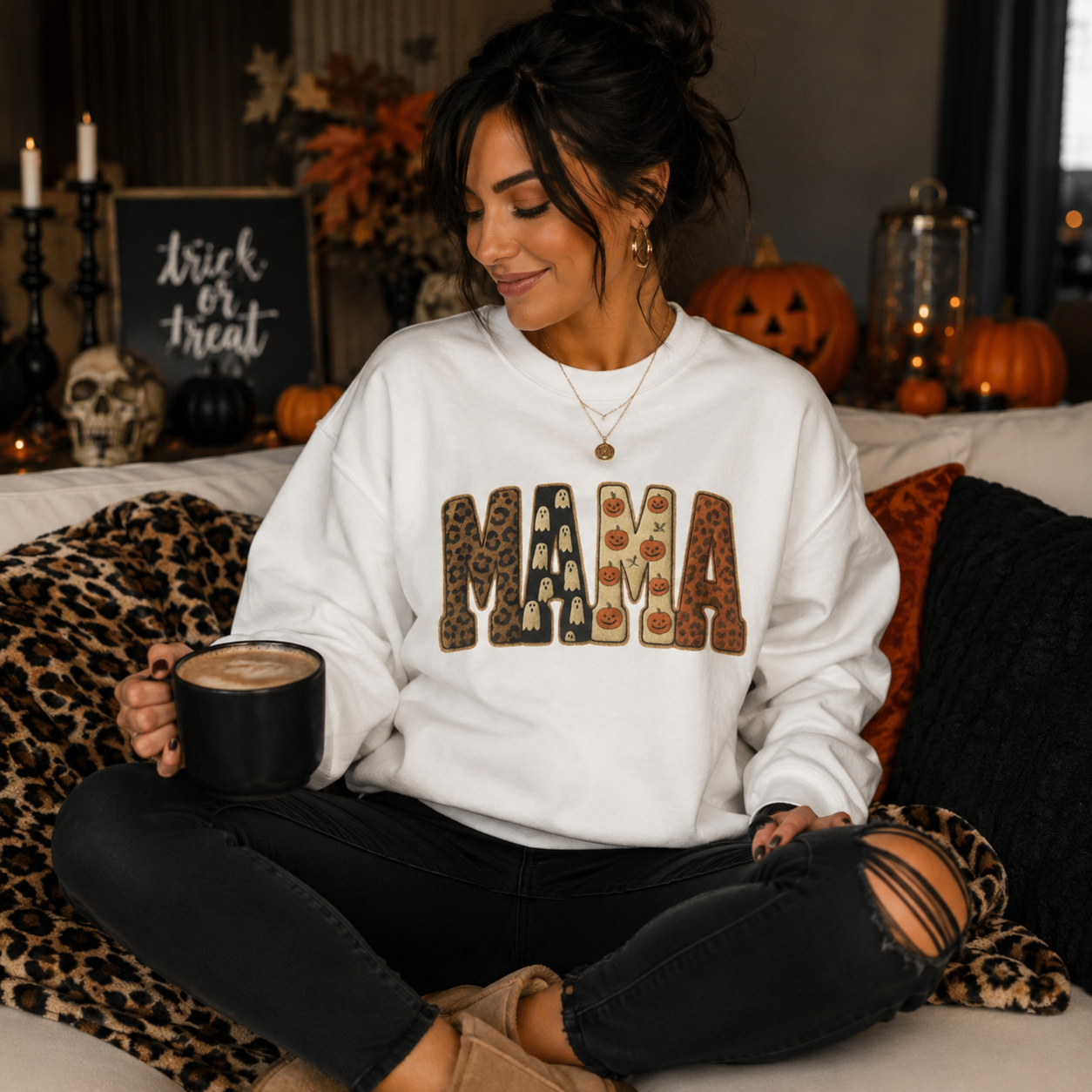 Mama Halloween Crewneck Sweatshirt — Spooky Leopard Floral Graphic