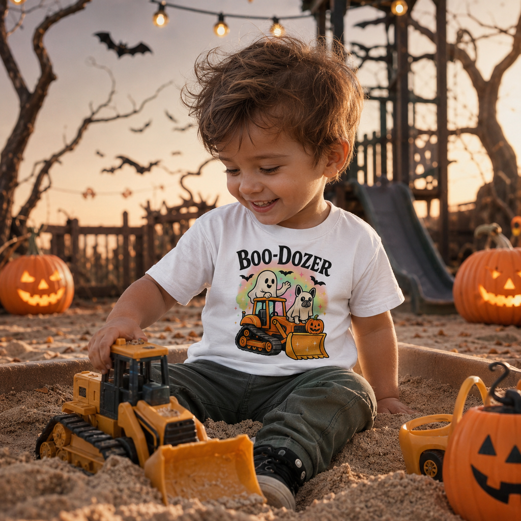 Boo-Dozer Toddler Tee — Cute Ghost & Tractor Halloween Shirt