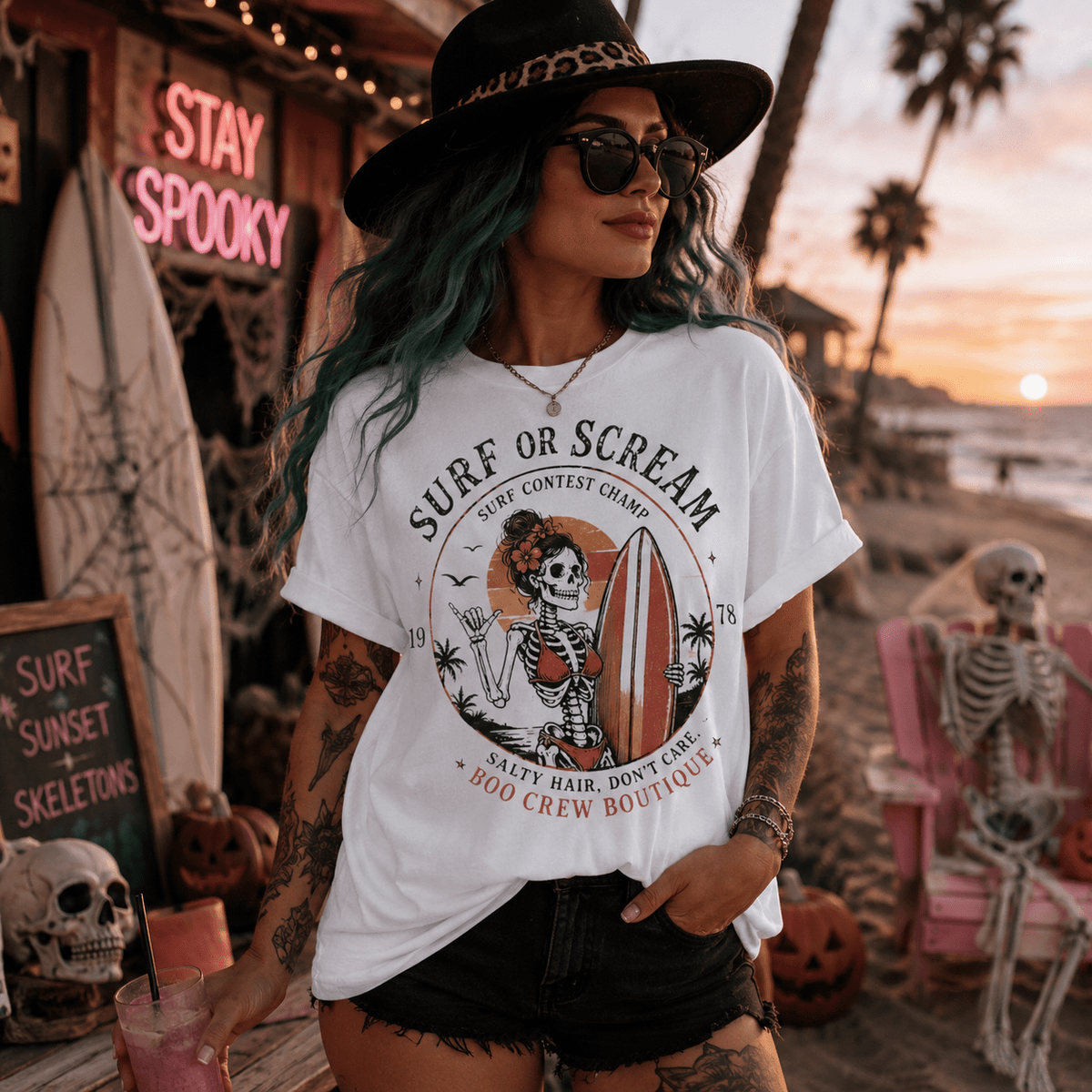 Surf or Scream T-Shirt — Vintage Skeleton Surfing Graphic Tee - Boo Crew Boutique