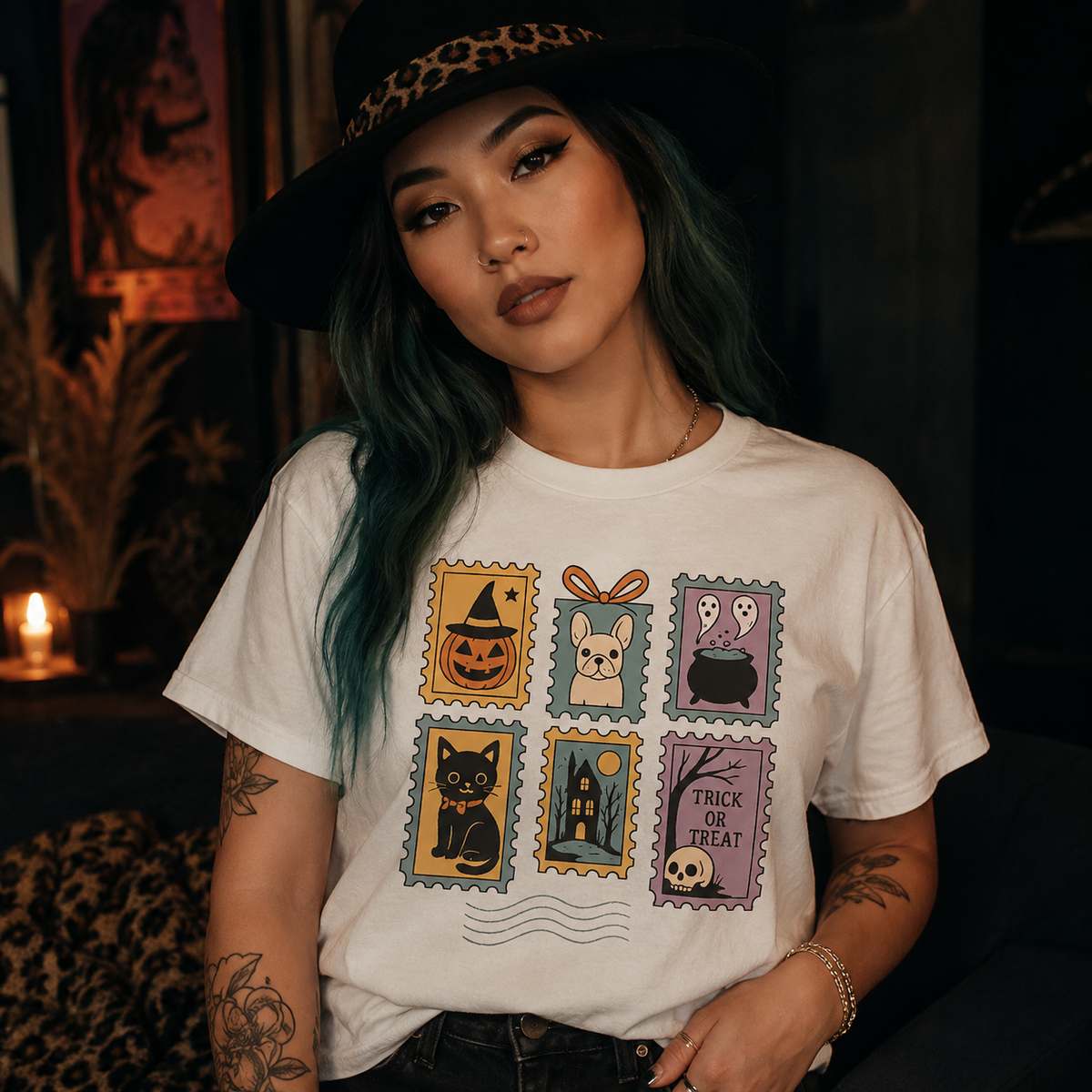 Halloween Stamps T-Shirt — Cute Halloween Postage Graphic Tee (Trick or Treat)