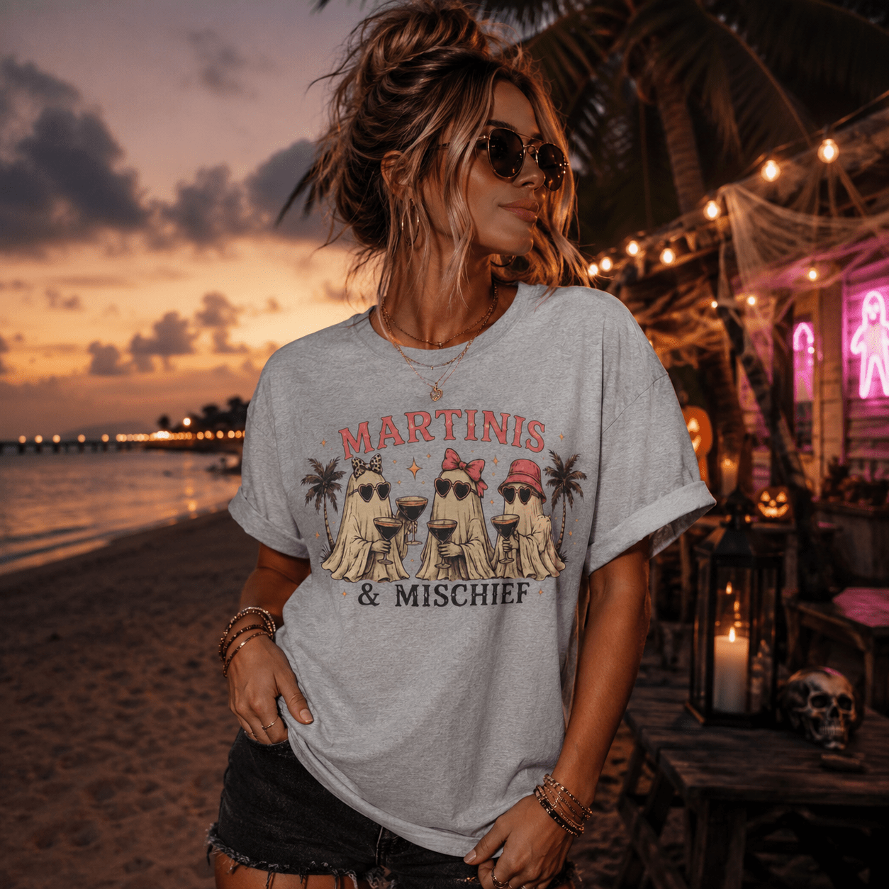 Martinis & Mischief T-Shirt — Ghost Cocktail Graphic Tee - Boo Crew Boutique