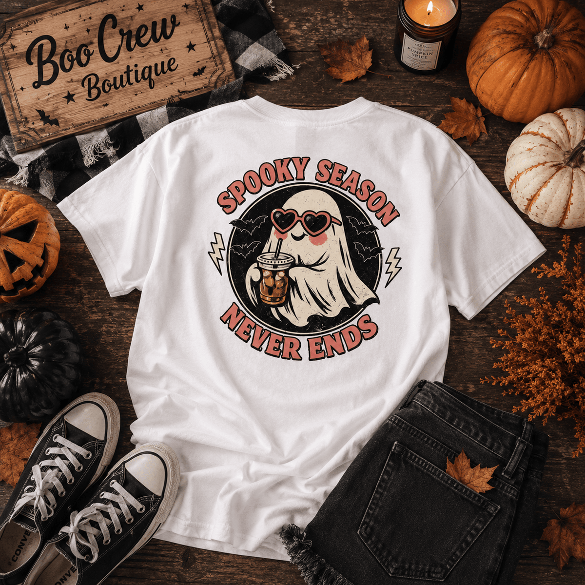 Spooky Season Never Ends T-Shirt — Retro Frankenstein Halloween Graphic Tee - Boo Crew Boutique