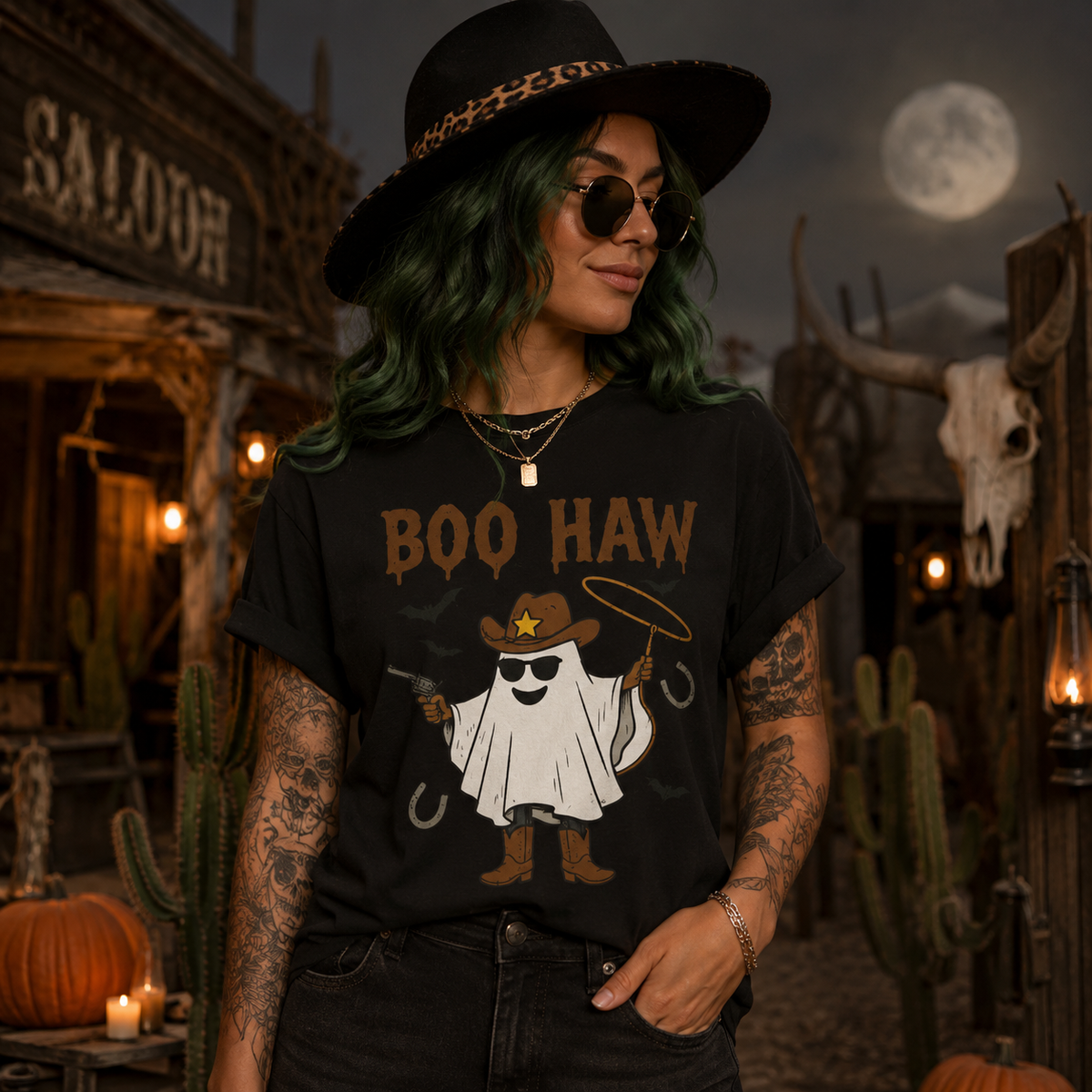 Boo Haw Cowboy Ghost T-Shirt — Funny Halloween Western Tee