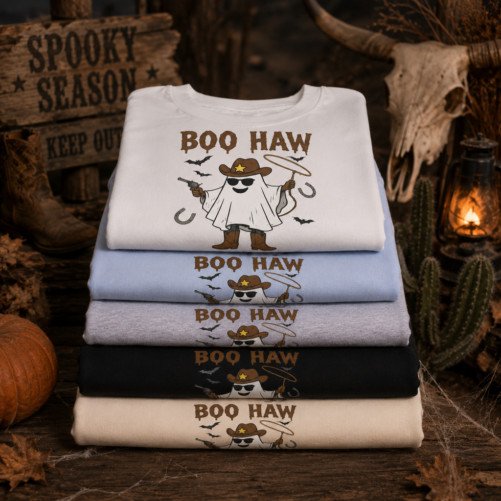 Boo Haw Cowboy Ghost T-Shirt — Funny Halloween Western Tee