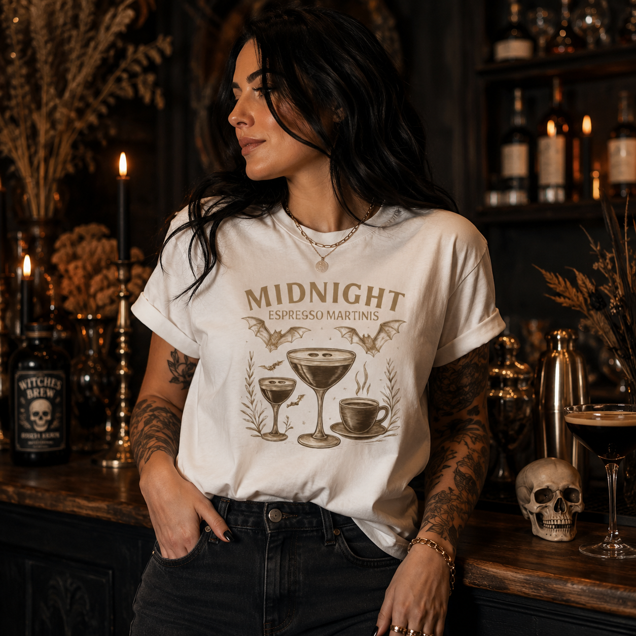 Midnight Espresso Martinis T-Shirt — Spooky Cocktail Graphic Tee