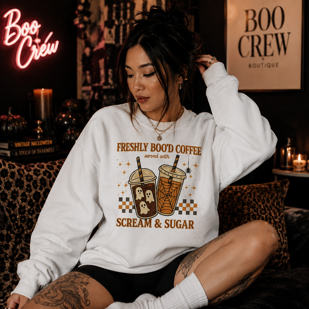 Freshly Boo’d Coffee Halloween Sweatshirt — Cozy Spooky Crewneck