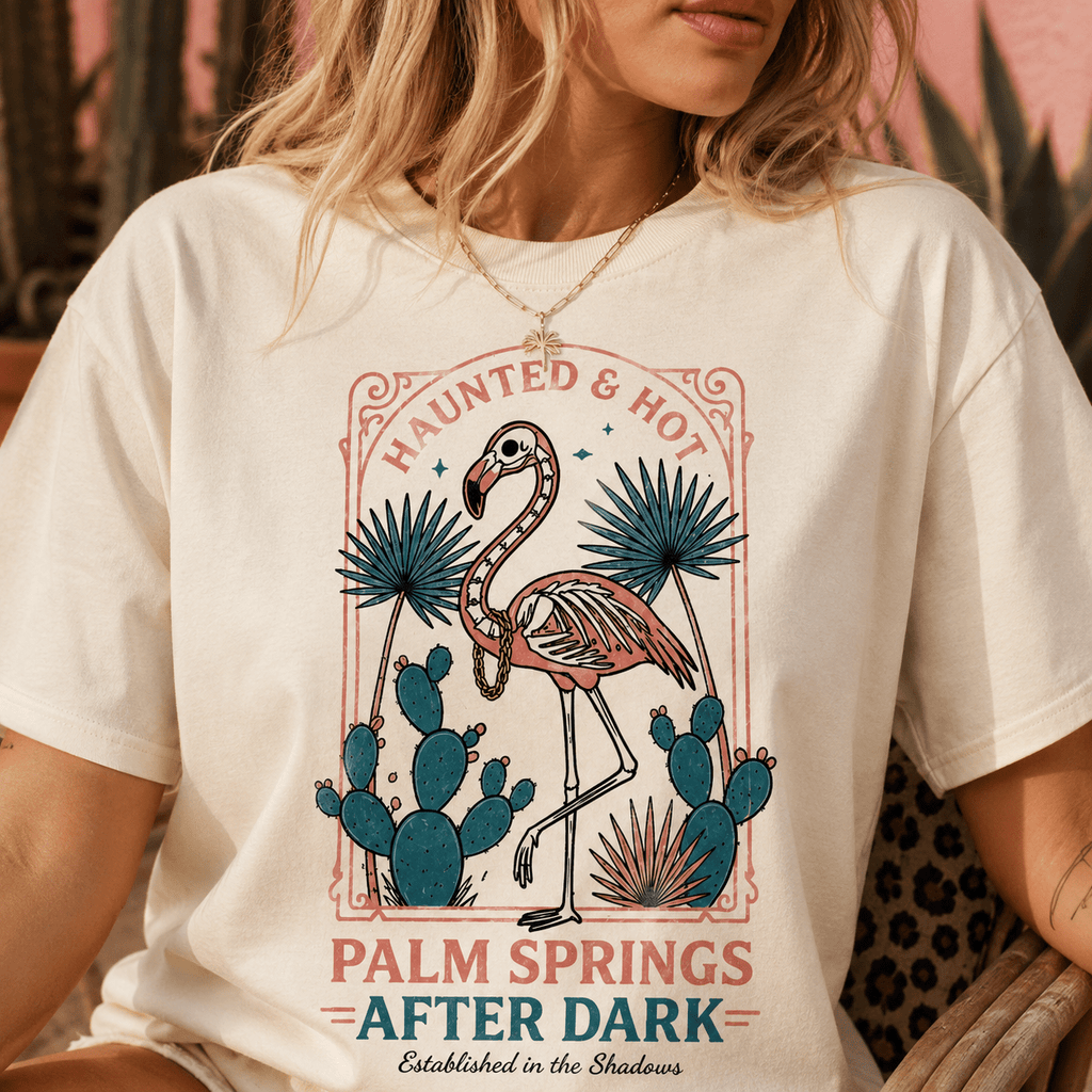 Palm Springs After Dark Flamingo T-Shirt — "Haunted & Hot" Retro Desert Graphic Tee - Boo Crew Boutique