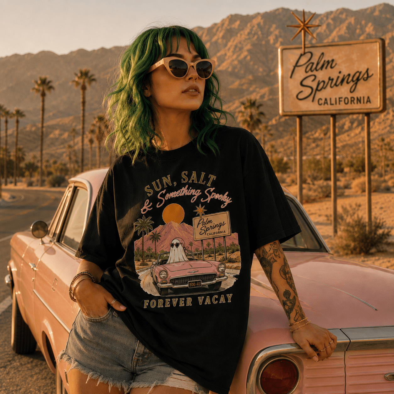 Sun, Salt & Something Spooky T-Shirt — Palm Springs Retro Sunset Tee - Boo Crew Boutique